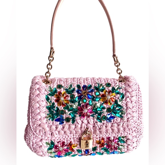 DOLCE & GABBANA MISS DOLCE PINK RAFFIA CRYSTAL LEATHER HANDBAG - Picture 3 of 14